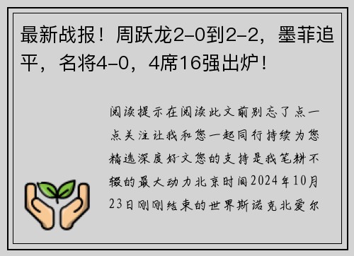 最新战报！周跃龙2-0到2-2，墨菲追平，名将4-0，4席16强出炉！